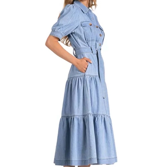 Elan Blue Denim Western Cowgirl Layered Maxi Belted Pocket Cotton Dress Small - Picture 2 of 9